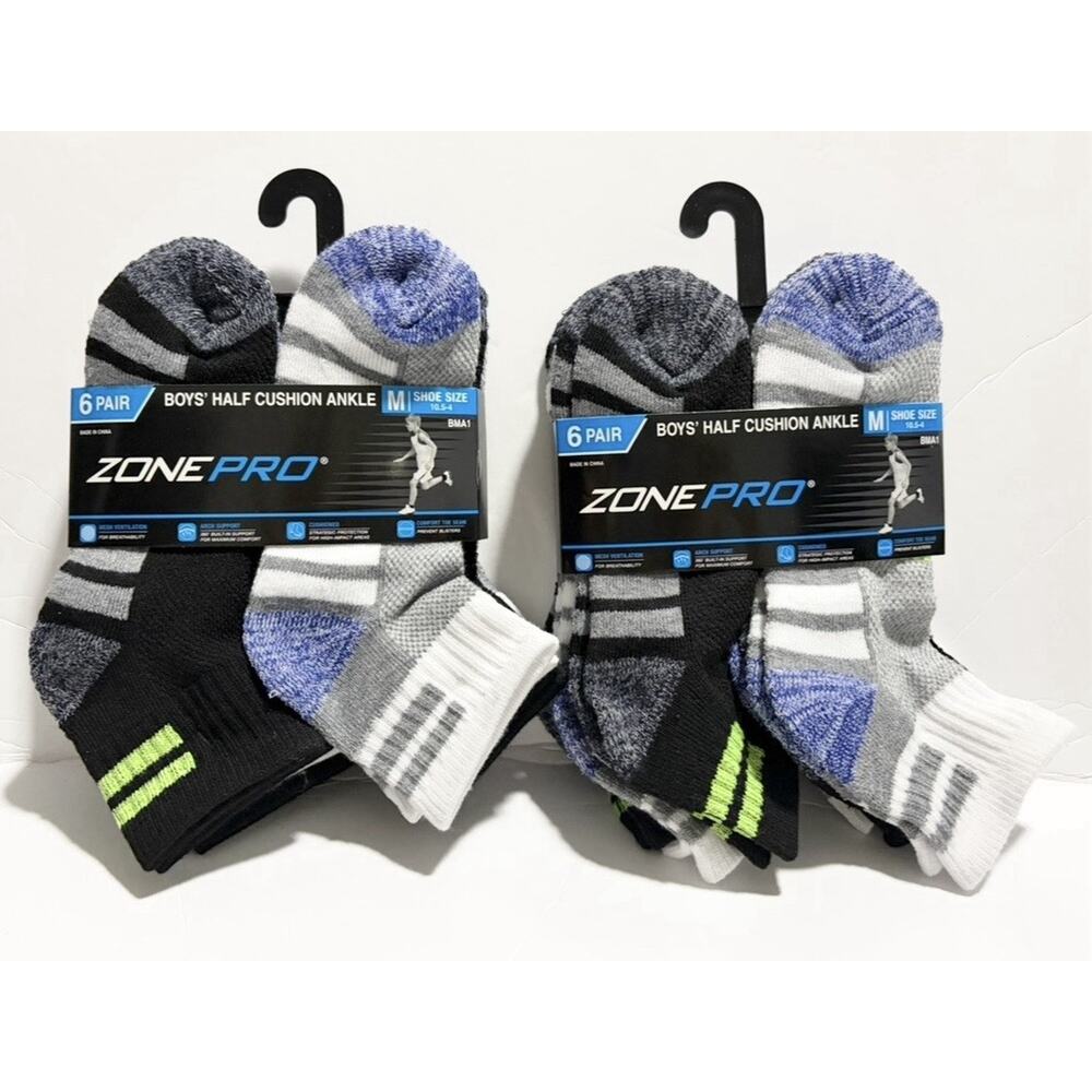 Zone Pro Boys Half Cushion Ankle Socks 12 Pair Size Medium 10.5-4 Multi NEW